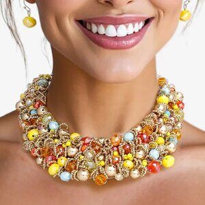 Bib Yellow Multi Artistic Glass Copper Choker Set